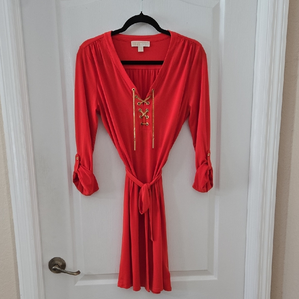 Michael Kors Red Lace-Up Long Sleeve Dress